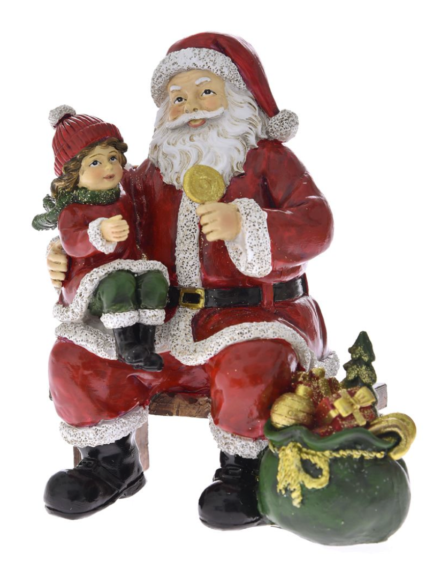 Papá Noel en un banco y una niña