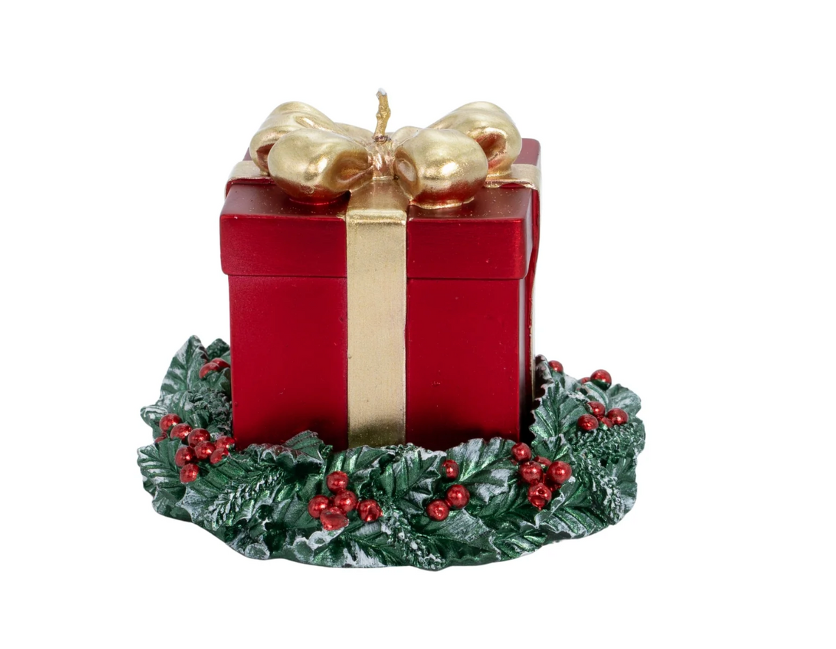 Candela a forma di pacco regalo con corona