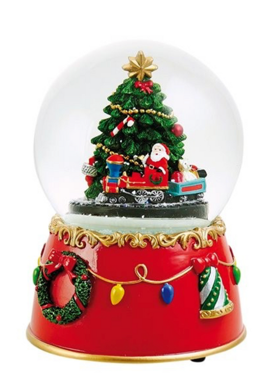 Palla di neve con albero di Natale e treno